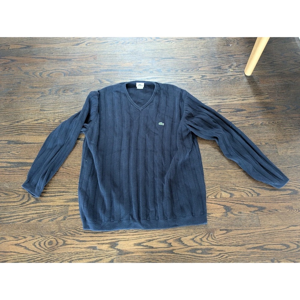 Lacoste Sweater Mens Size XL 6 Navy Blue Cable Knit V Neck Cotton Logo Pullover